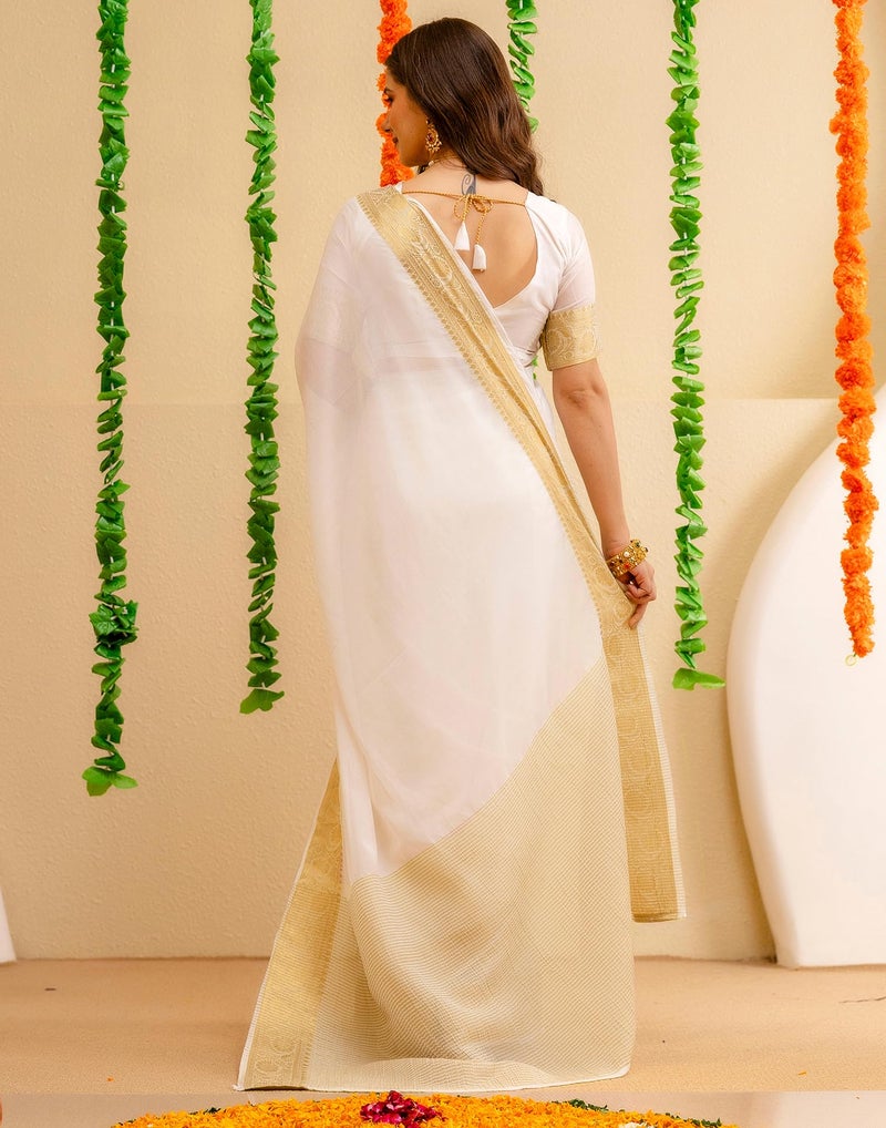 SIRIL Women's Pongal Special Weaving Onam Saree with Unstitched blouse Piece(4668S821_off-White) - Image 3