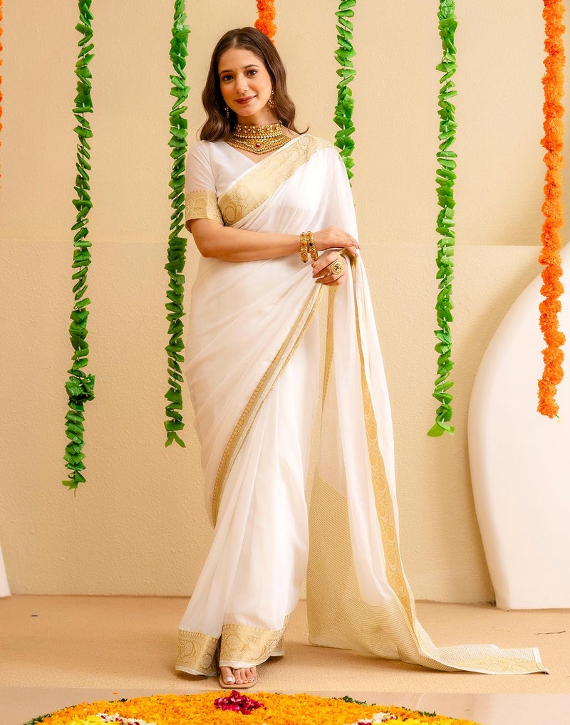 SIRIL Women's Pongal Special Weaving Onam Saree with Unstitched blouse Piece(4668S821_off-White) - Image 4
