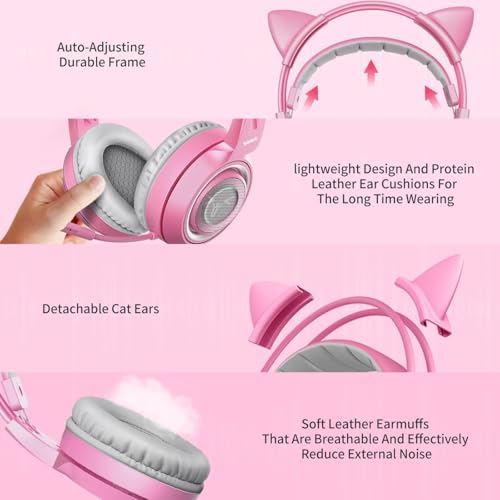 SOMIC G951pink Gaming Headset for PC, PS4, PS5, Laptop, Cat Ear Headphone USB Gaming Headphones with Mic Noise Cancelling, LED Light, 7.1 Virtual Surround Sound for Girls, Women - Image 5