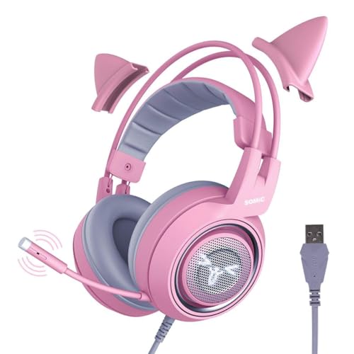 SOMIC G951pink Gaming Headset for PC, PS4, PS5, Laptop, Cat Ear Headphone USB Gaming Headphones with Mic Noise Cancelling, LED Light, 7.1 Virtual Surround Sound for Girls, Women - Image 1