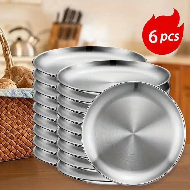 6pcs Stainless Steel Dessert Plate Set, 19.99 cm Silvery Salad Plate, Korean BBQ Main Course Plate, Multi-Functional Snack Bone Tray, Dishwasher Safe, Party Buffet Tableware - Image 2