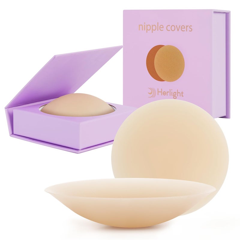 Herlight Nipple Covers for Women â€“ Reusable Sticky, Adhesive Silicone Nipple Covers, Seamless Invisible Washable Design with Travel Box Nude - Image 1