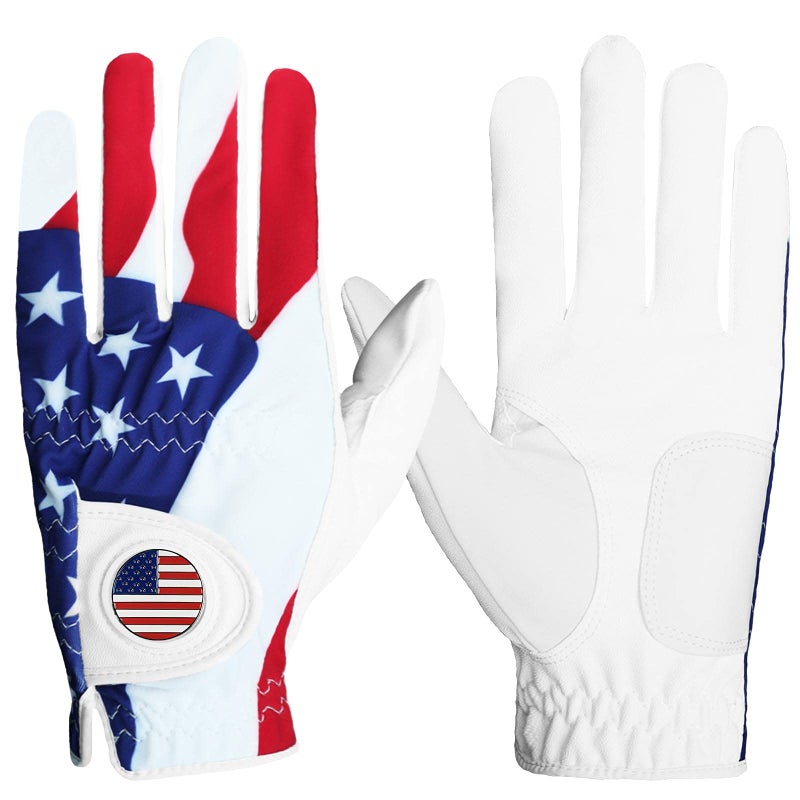 FINGER TEN Golf Gloves Men 1 Pack with Ball Marker for Left Hand Right, Stylish Patterns & Breathable Design for Comfortable All-Weather Grip, Golf Glove Sizes S M ML L XL (USA Flag, Large, Left) - Image 1