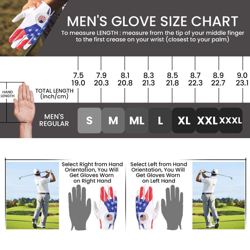 FINGER TEN Golf Gloves Men 1 Pack with Ball Marker for Left Hand Right, Stylish Patterns & Breathable Design for Comfortable All-Weather Grip, Golf Glove Sizes S M ML L XL (USA Flag, Large, Left) - Image 5