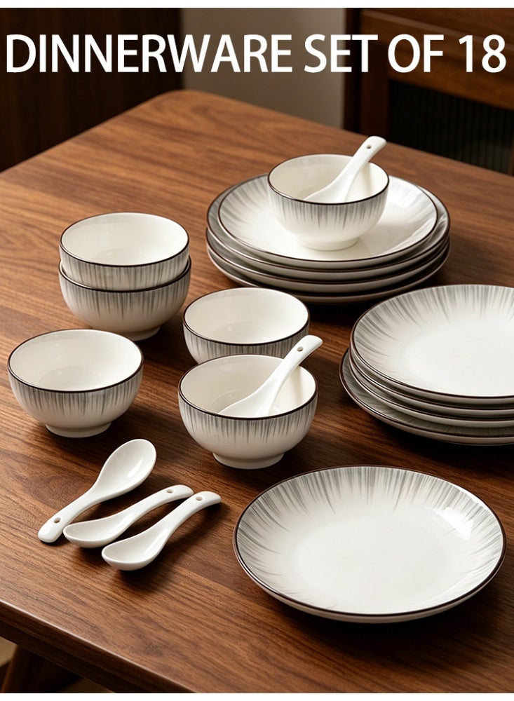 WOLFATION FOR YOU 18 Piece Dinnerware Set – Service for 4, Minimalist European Style Ceramic Dishes Set, 4 x 4.5″ Bowls + 4 Soup Spoons + 5 x 7″ Plates + 5 x 8″ Plates, Smooth Glaze Easy Clean, Dishwasher Safe, White Dinner Set for Home Kitchen - Image 1
