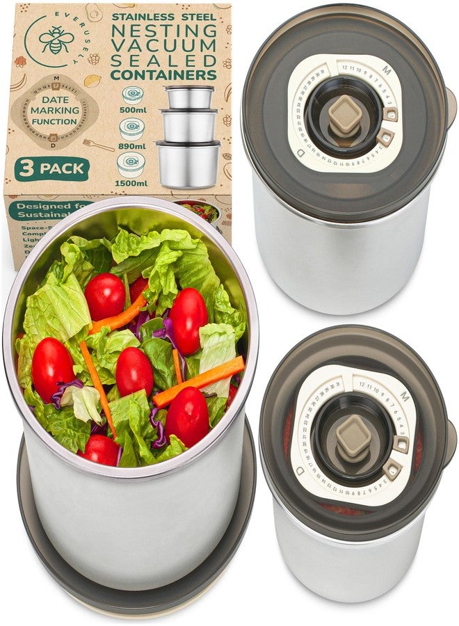 Everusely Vacuum Sealed Food Containers with Date Marking - Large Set of 3 Stainless Steel Metal Lunch Storage with Translucent Lids - Leakproof & Food Grade - Kitchen Nesting Bowls