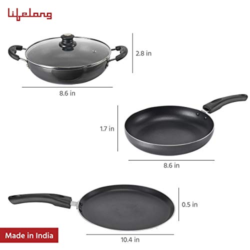 Lifelong Popular Non-Stick Cookware Set, 3-Pieces, Black/Grey (Induction and Gas Compatible) - Image 4