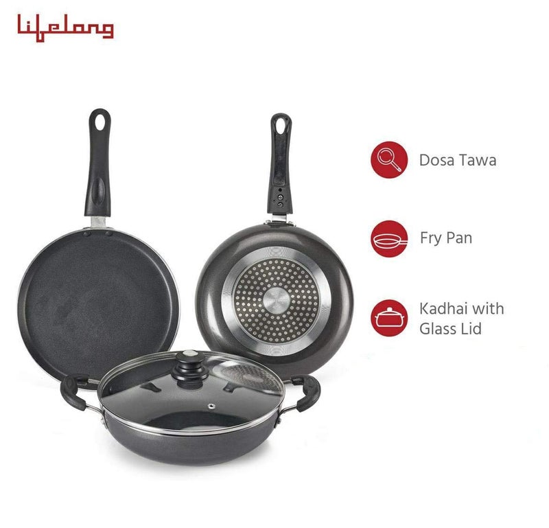 Lifelong Popular Non-Stick Cookware Set, 3-Pieces, Black/Grey (Induction and Gas Compatible) - Image 3