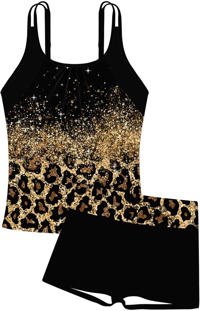 RAISEVERN Girls Tankini Swimsuits 2 Piece Size 12-14 Cute Sparkly Leopard Bathing Suits for Teens Adjustable Tween Swim Top with Tropical Cheetah Swim Short 13-14 Years Summer Beach Swimwear - Image 1