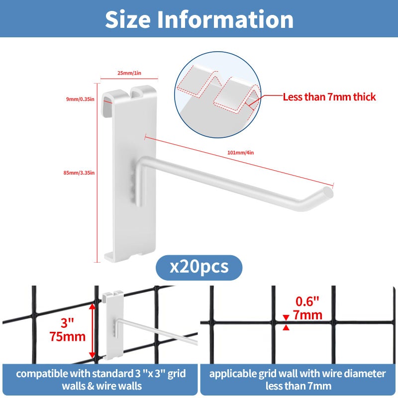 Waltool 20Pcs Gridwall Hooks, Metal Grid Panel Hanging Peg Hooks, Grid Wall Accessory For Clothes Storage, Home Organization, Retail Display (White, 4""/10Cm) - Image 2