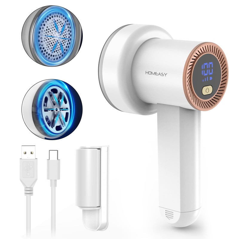 Fabric Shaver Fuzz Remover Rechargeable HOMEASY Electric Lint Remover Shaver with 3 Blades  LED Digital Display Sweater Couch Fabric Pill Shaver for Sweater Couch Furniture White