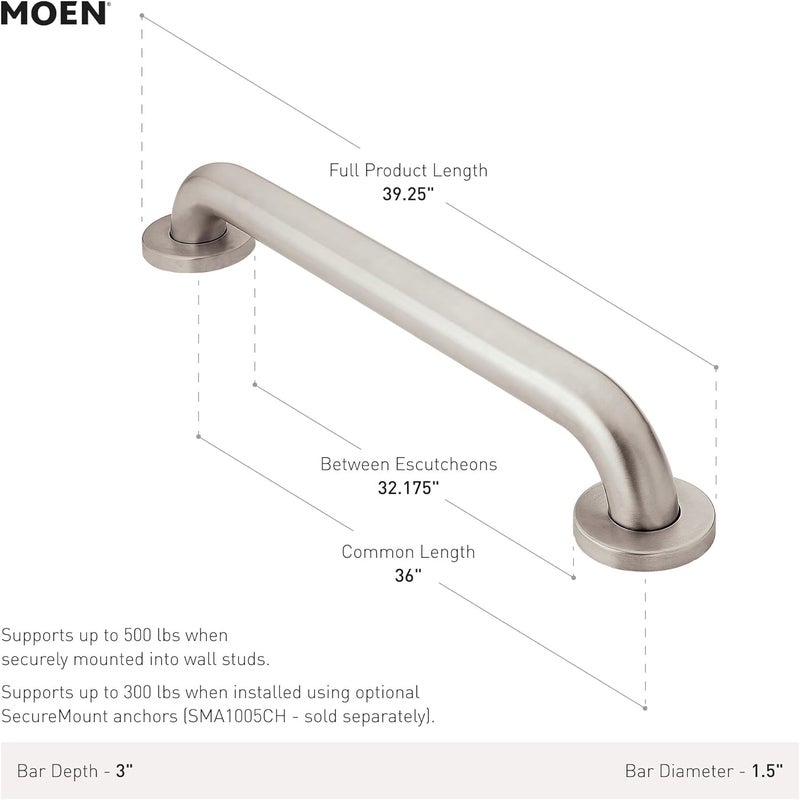MOEN R8936P Home Care 36-Inch Concealed Screw Bath Safety Bathroom Grab Bar, Peened - Image 3