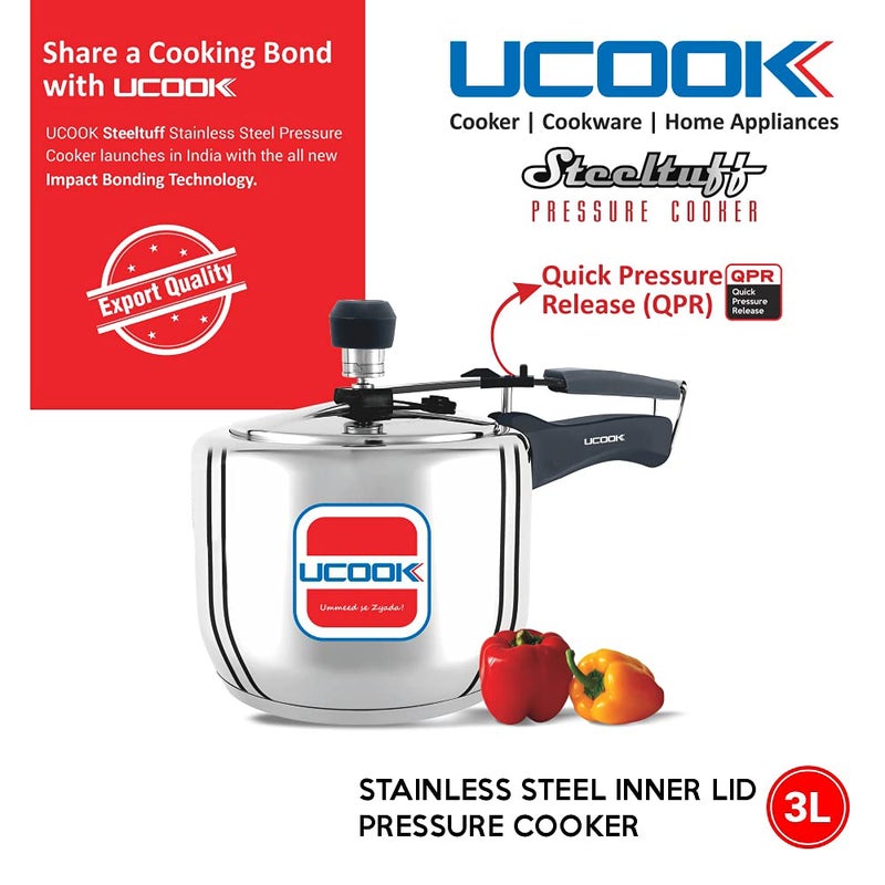 Ucook Steeltuff Stainless Steel Innerlid Induction Base Pressure Cooker, 3 Litre, Silver - Image 2