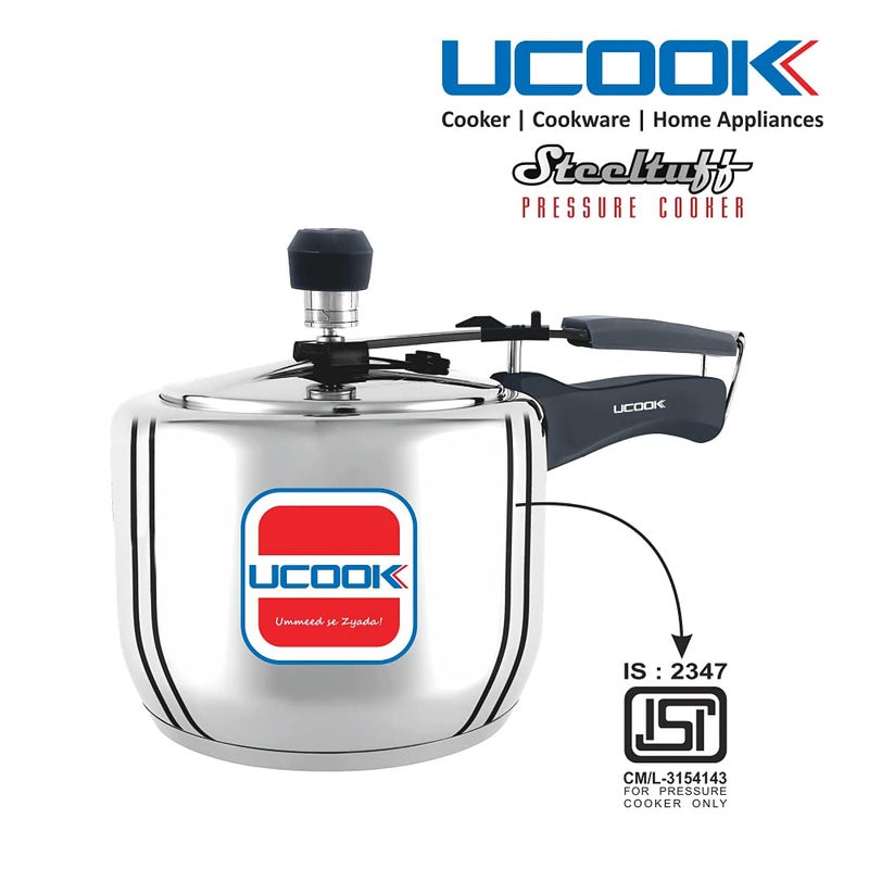 Ucook Steeltuff Stainless Steel Innerlid Induction Base Pressure Cooker, 3 Litre, Silver - Image 3