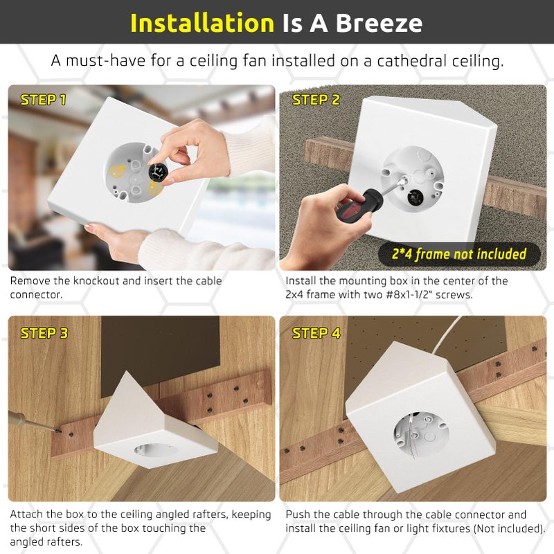 Dremica Fan Mounting Box, Ceiling Fan Mounting Bracket, Ceiling Fan Mounting Box, Ceiling Fan Mounting Kit, Fan Mounting Bracket, Fits cathedral Ceiling Angles of 80Â° or Up, White,1-Pack - Image 4