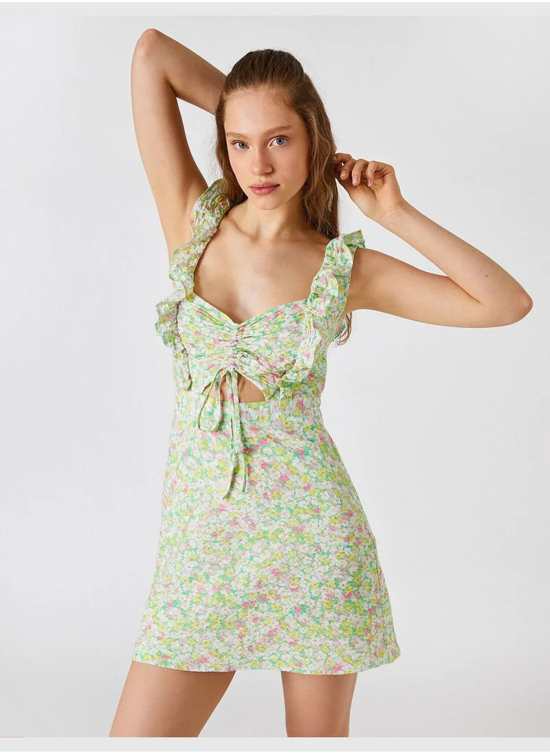 كوتون Floral Mini Dress Sleeveless Ruffle Shirred