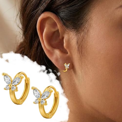 VAMA FASHIONS 18K Gold Plated Butterfly Design CZ Stud Earrings Small Elegant Anti Tarnish Ear Hoops Trendy Minimal Lightweight Earrings for Women & Girls - Image 2