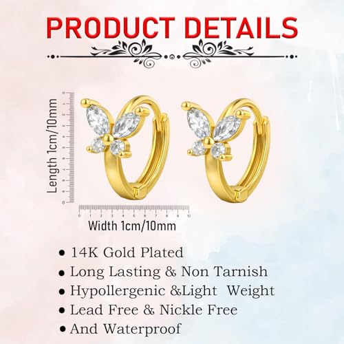 VAMA FASHIONS 18K Gold Plated Butterfly Design CZ Stud Earrings Small Elegant Anti Tarnish Ear Hoops Trendy Minimal Lightweight Earrings for Women & Girls - Image 3