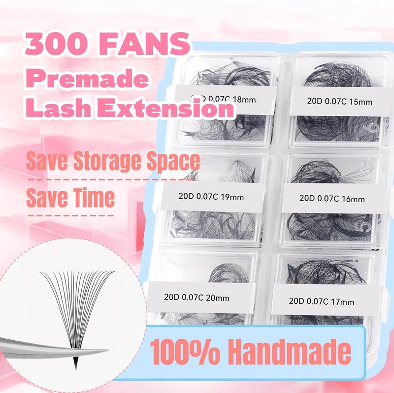 FADLASH Premade Fans Eyelash Extensions 300pcs 20D Premade Lash Fans C Curl Pre Made Fans Lash Extensions Volume Eyelash Extensions Premade Eyelash Fans Loose Fans (20D-0.07C-15-20mm) - Image 3