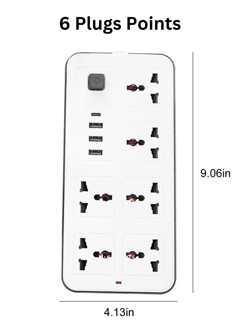 Panvil - 6 Power Movable Socket Extension 3 USB Port 1 C Type with Child Protection | 2 Meter | Home and Office Use | High Quality | Easy to Carry | 10A | 220V | 2500W (White) - Image 1