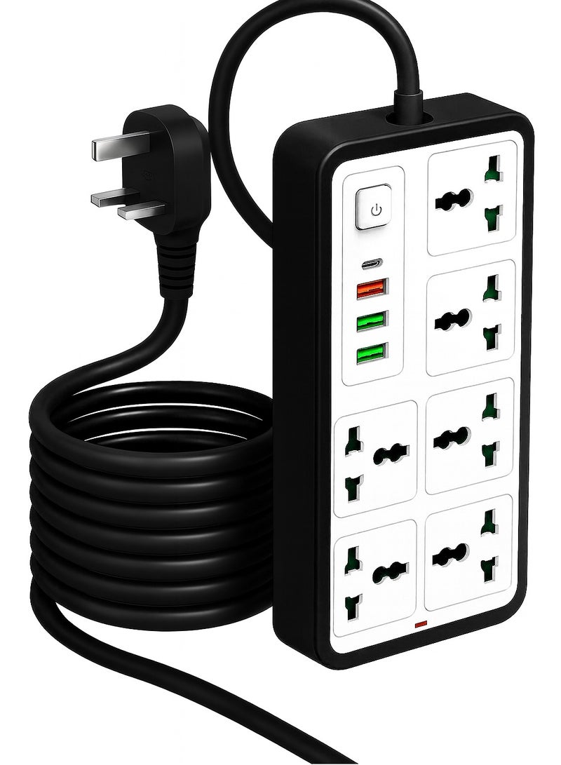 بانفيل وصلة تمديد كهربائية متحركة بستة منافذ USB، من النوع C، مزودة بحماية للأطفال | طول مترين | للاستخدام المنزلي والمكتبي | جودة عالية | سهلة الحمل | ١٠ أمبير | ٢٢٠ فولت | ٢٥٠٠ واط (أبيض) - Image 1