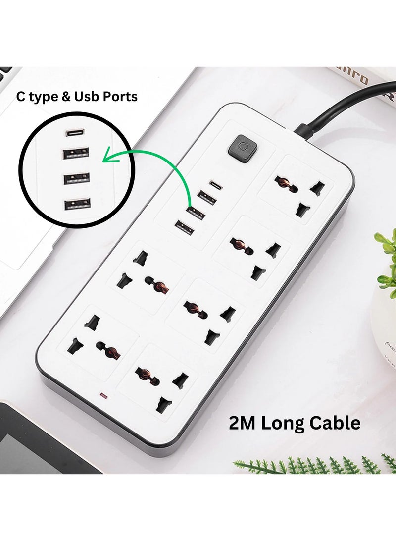 بانفيل وصلة تمديد كهربائية متحركة بستة منافذ USB، من النوع C، مزودة بحماية للأطفال | طول مترين | للاستخدام المنزلي والمكتبي | جودة عالية | سهلة الحمل | ١٠ أمبير | ٢٢٠ فولت | ٢٥٠٠ واط (أبيض) - Image 2