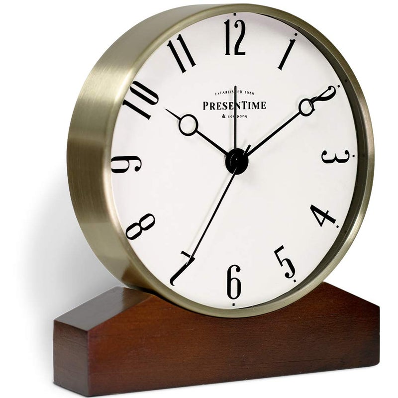 Presentime Presentime  Co Mozart Mantel Alarm Clock Desk and Shelf Clock Tabletop Decoration 6 x 55 inch Silent no Ticking Wooden Base Walnut Finish Golden Color Arabic Numeral