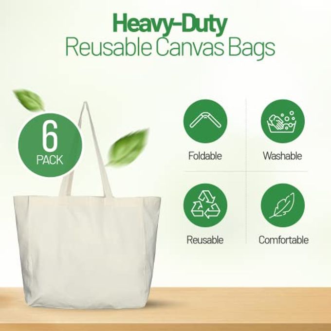 Greenmile 6 Pack Canvas Reusable Grocery Bags Cotton Canvas Grocery Bag Cloth Shopping Tote With Long Handles Bulk Heavy Duty Grocery Tote Bag Large, Foldable and Lightweight Capacity 40 lbs - Image 2