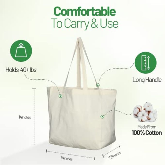 Greenmile 6 Pack Canvas Reusable Grocery Bags Cotton Canvas Grocery Bag Cloth Shopping Tote With Long Handles Bulk Heavy Duty Grocery Tote Bag Large, Foldable and Lightweight Capacity 40 lbs - Image 3