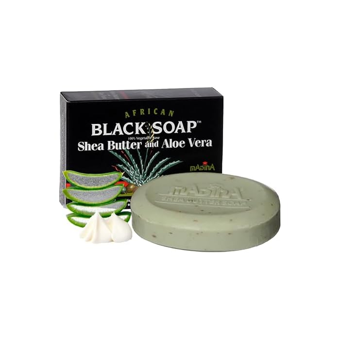 Madina African Black Soap Bar – Shea Butter, Aloe Vera, Moisturizing, Gentle Exfoliating, 100% Vegetable-Based, For All Skin Types, Face & Body Cleanser, 6 Pack (3.5 oz Each)