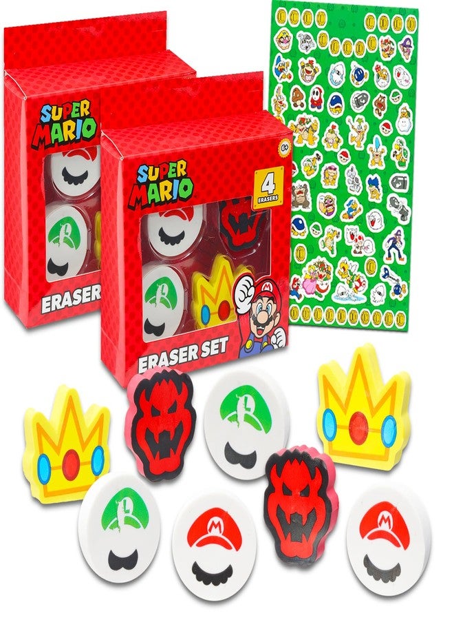 Super Mario Bros Party Favor Set - Bundle with 8 Super Mario Erasers Featuring Mario, Luigi, Bowser, Princess Peach Plus Mario Stickers | Mario Party Supplies Kit for Kids, Boys, Girls - Image 1