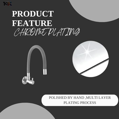 10X Sink Tap for Kitchen Brl-9876 Flexible Neck Grey Color Wall Mount (Single Flow) - Metal, Chrome - Image 5