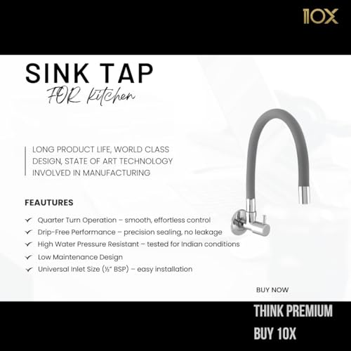 10X Sink Tap for Kitchen Brl-9876 Flexible Neck Grey Color Wall Mount (Single Flow) - Metal, Chrome - Image 2
