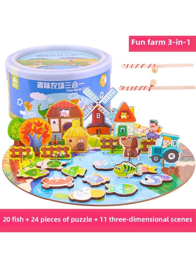 Magnetic Fishing Wooden Children's Toys Simulation Play-house Jigsaw Puzzle Barrel Fishing Gifts Shake Tone Same Style-Color:Fun Farm - Image 1