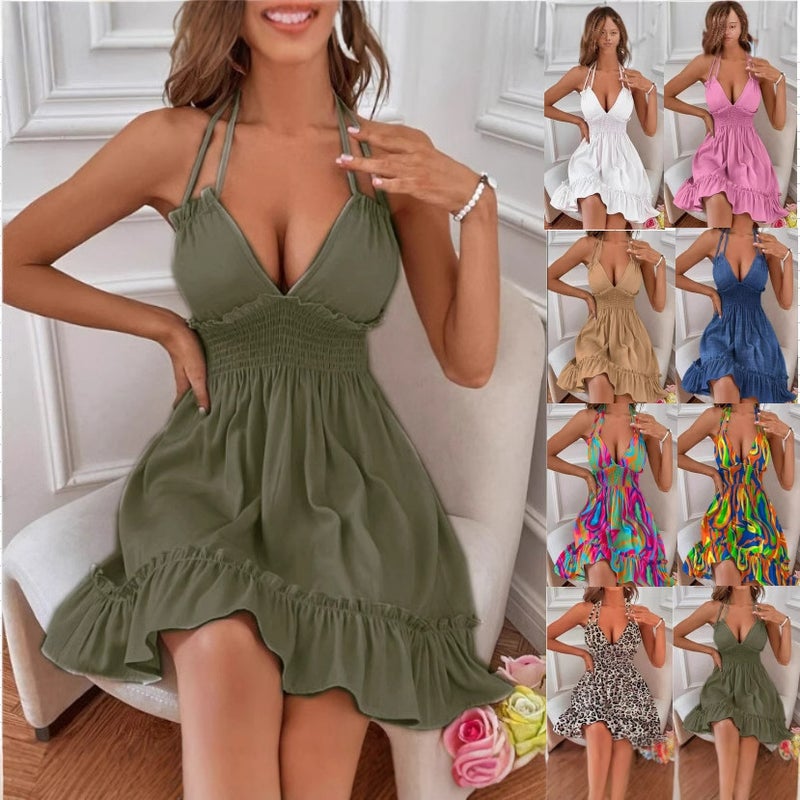 Women's Deep V Tie Strap Ruffle Dress - Image 1