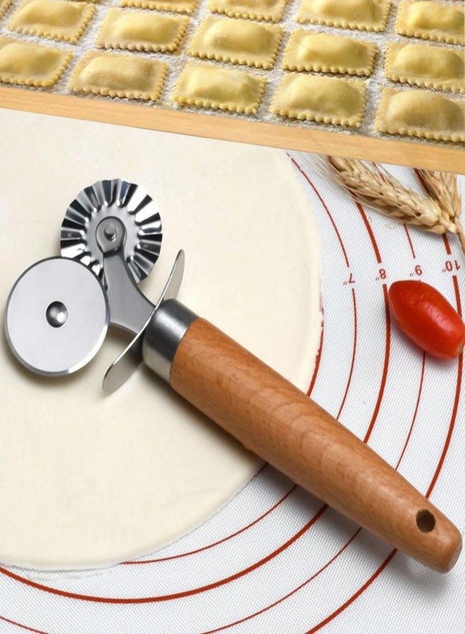 MTOMDY Stainless Steel Double Roller Pastry Wheel Cutter with Long Wooden Handle,Pizza,Ravioli Wheel,Multipurpose Pasta Cutter Wheel for Kitchen - Image 1