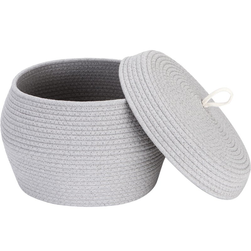 Sea Team Round Cotton Rope Storage Basket with Lid, Decorative Woven Storage Bin, Pot, Caddy, Organizer, Container for Snacks, Towels, Plants, 13 x 9 Inches (Large, Grey) - Image 1