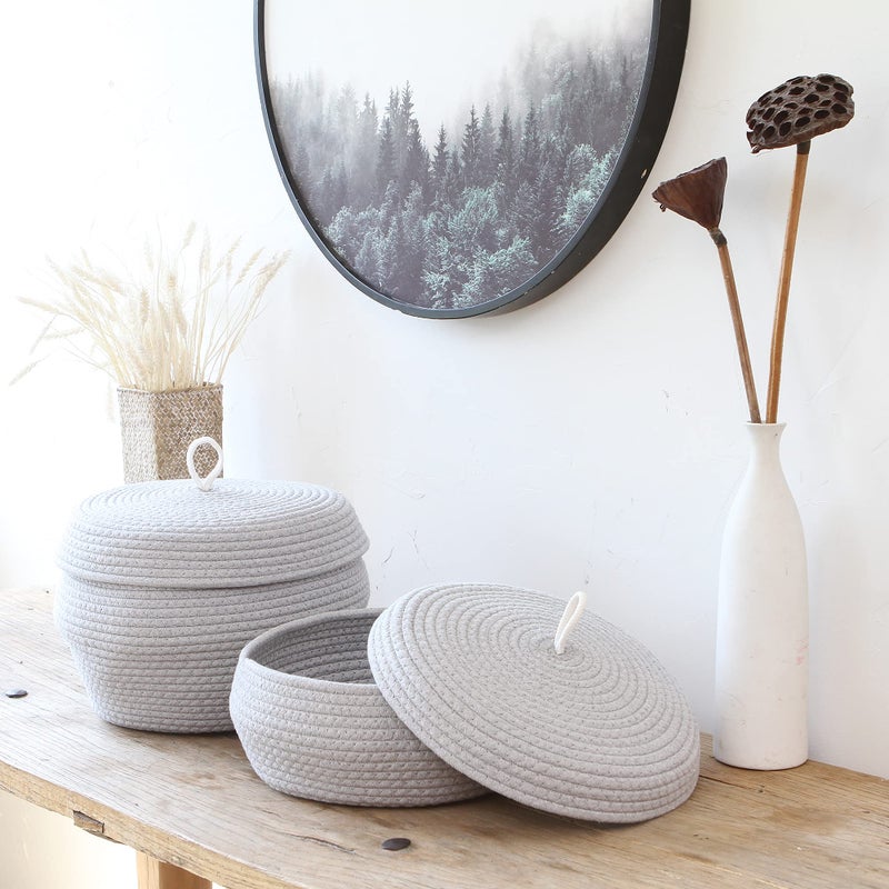 Sea Team Round Cotton Rope Storage Basket with Lid, Decorative Woven Storage Bin, Pot, Caddy, Organizer, Container for Snacks, Towels, Plants, 13 x 9 Inches (Large, Grey) - Image 2