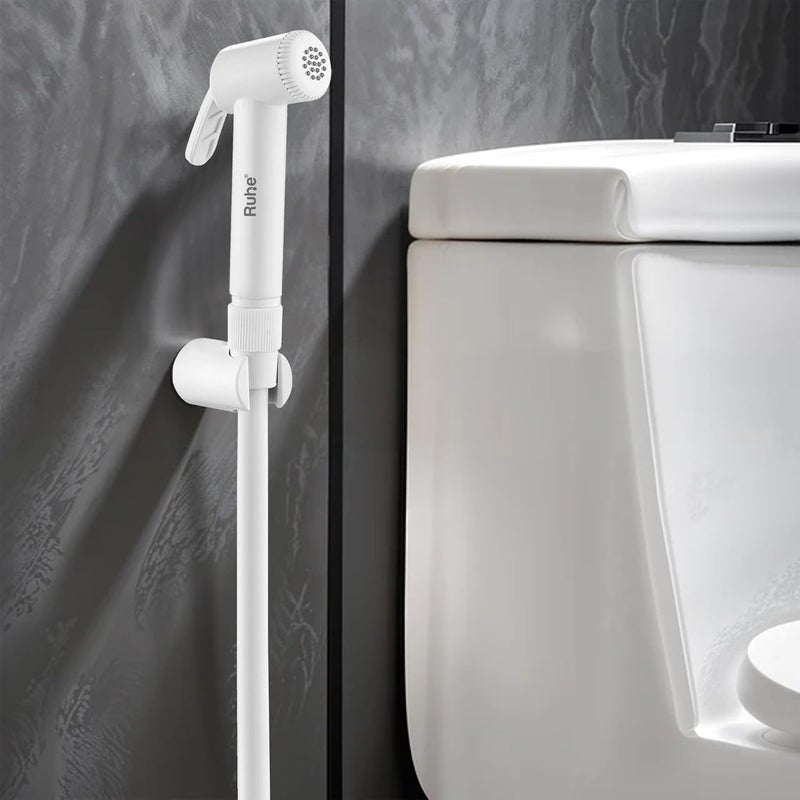 Ruhe® Plain White ABS Health Faucet Set for Bathroom/Handheld Jet Spray for Toilet | Health Faucet Spray Gun with 1 Meter Ultra Flexible Hose (ABS) Pipe and Wall Hook/Holder | White Color - Image 1