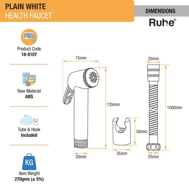 Ruhe® Plain White ABS Health Faucet Set for Bathroom/Handheld Jet Spray for Toilet | Health Faucet Spray Gun with 1 Meter Ultra Flexible Hose (ABS) Pipe and Wall Hook/Holder | White Color - Image 2