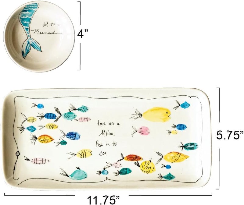 Creative CoOp Rectangle Stoneware Plate with Fish Images and Matching Bowl - Image 3