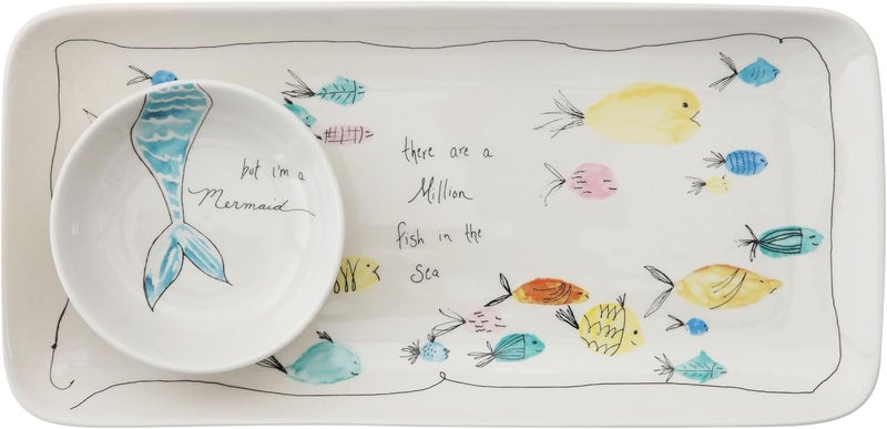 Creative CoOp Rectangle Stoneware Plate with Fish Images and Matching Bowl - Image 4