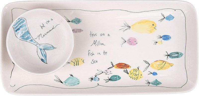 Creative CoOp Rectangle Stoneware Plate with Fish Images and Matching Bowl - Image 1