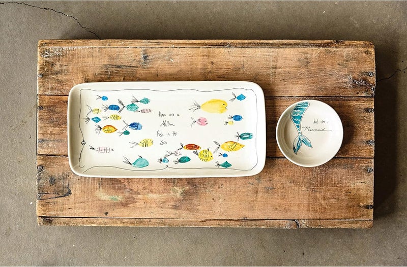 Creative CoOp Rectangle Stoneware Plate with Fish Images and Matching Bowl - Image 2