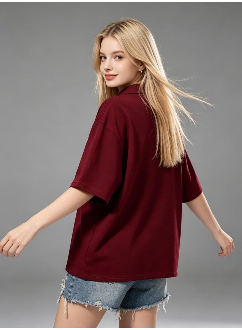 HACKETT LONDON Unisex loose Polo shirt, comfortable and breathable sports and casual burgundy short sleeves, simple casual shirt with LOGO for men and women. - Image 4