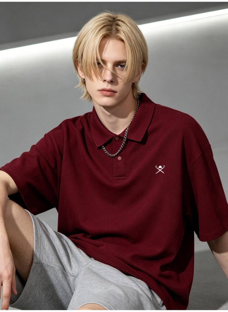 HACKETT LONDON Unisex loose Polo shirt, comfortable and breathable sports and casual burgundy short sleeves, simple casual shirt with LOGO for men and women. - Image 1