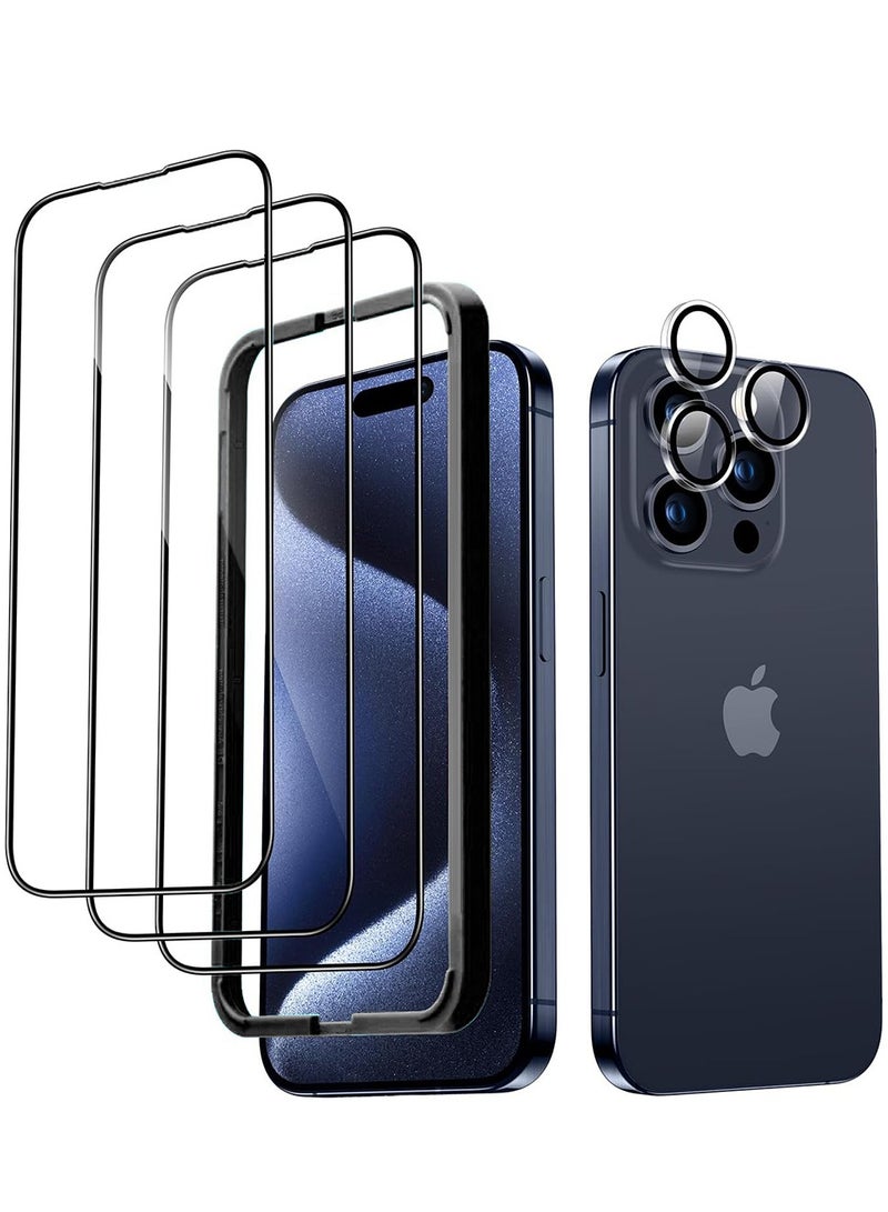 لحامي شاشة iPhone 15 Pro Max مكون من 3 حماة للشاشة من الزجاج المقوى ومجموعة واحدة من حماة عدسة الكاميرا. تمتاز بحواف منحنية بزاوية 2.5D ومقاومة للخدوش - Image 1