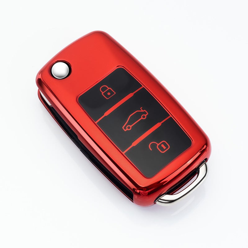 Suitable for Volkswagen key case buckle cover, Langxing new Sagitar, Weiling, Bora, Lavida, Jetta, Polo Tiguan Volkswagen Model A-Folding 3-button [Vibrant Red] Single Shell - Image 1