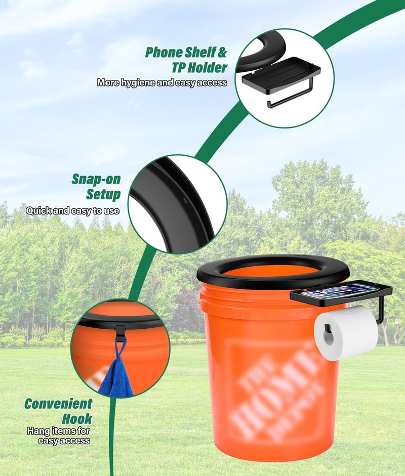 PAHTTO Bucket Toilet Seat, 5 Gallon Bucket Toilet Seat for Camping with TP Holder and Phone Shelf, Luggable Loo Portable Toilet for Adults, Snap-On Easy Setup for Outdoor, Emergency, Fishing, Boating, Travel - Image 3