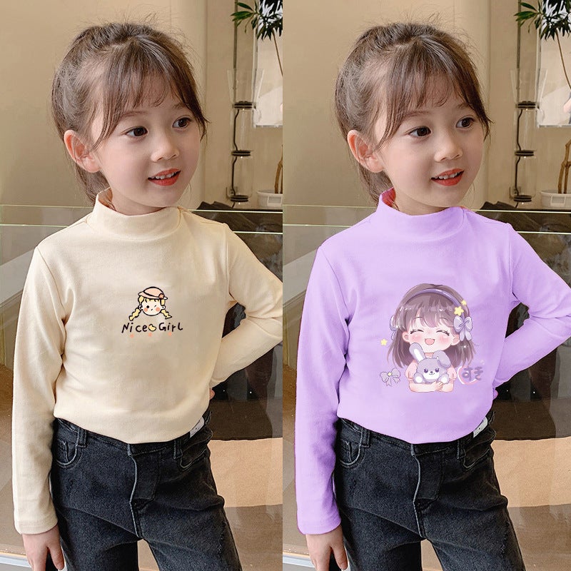 Children'S Base Shirt Half-High Collar Girl'S White Baby'S Long-Sleeved T-Shirt De-Velvet Base T-Shirt - Image 3
